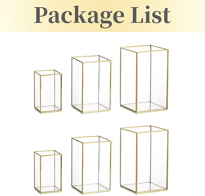 Glass Hurricane Candle Holder Large - Hewory 6pcs Gold Rectangle Flower Holders Centerpiece for Table, Tall Floor Square Pillar Candle Lantern for Wedding, Anniversary, Party, Fireplace, Dining Room-Ruum Studio Home