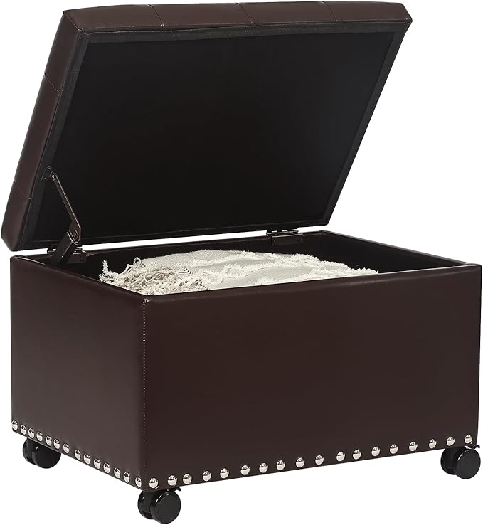 Leather Storage Ottoman Bench with Steerable Rolling Wheels, Rectangle 24 Inch Foot Rest Ottomans Stool for Living Room Bedroom (Vintage Brown)-Ruum Studio Home