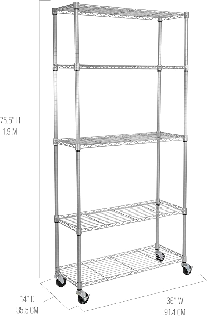 Seville Classics UltraDurable Heavy Duty NSF Solid Steel Wire Rack Storage Unit, Organizer for Garage, Warehouse, Office, Restaurant, Classroom, Kitchen, Silver, 5-Tier Shelving, 36" W x 14" D-Ruum Studio Home