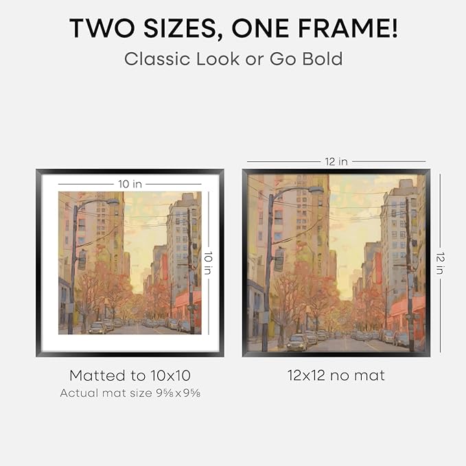 Homeforia Black 12x12 Picture Frames, High End Metal 12 x 12 Square Poster Frame with Mat 10 x 10 Photo, 12x12 Black Frame Matted to 10x10 Print, 12by12 Thin Frames, Tempered Glass, Wall Kit, Set of 1-Ruum Studio Home