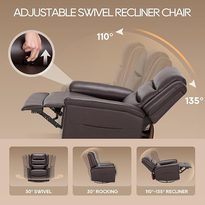 COLAMY Oversized Leather Recliner Chair, 360°Swivel Rocking Manual Recliner with Thick Cushioned Padding Backrest and Wide Seat - Darkbrown-Ruum Studio Home