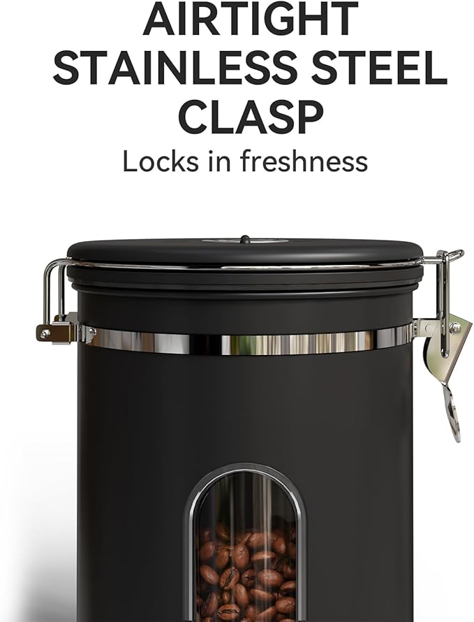 Veken Coffee Canister with Window,Airtight Stainless Steel Container,Home Kitchen Food Storage Organizers for Grounds,Beans,Espresso,Rice,Tea,Sugar,Flour, Cereal,Scoop,Bar Accessories,Gifts,22OZ,Black-Ruum Studio Home