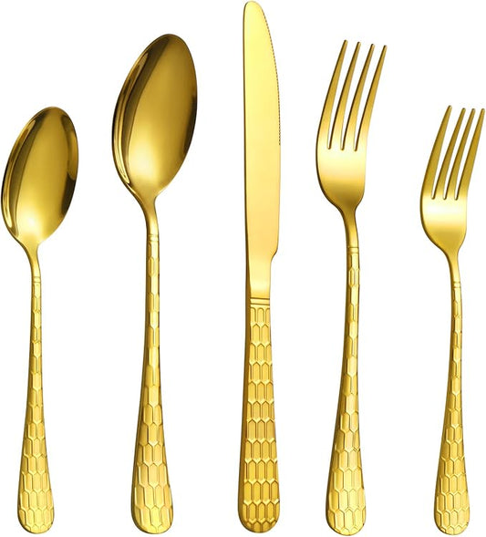 40 Pcs Gold Silverware Set for 8 with Water Cube Handle design, Food Grade Stainless Steel Flatware Set, Eating Utensils Sets Include Fork/Knife/Spoon, Reusable Cutlery Set, Dishwasher Safe-Ruum Studio Home