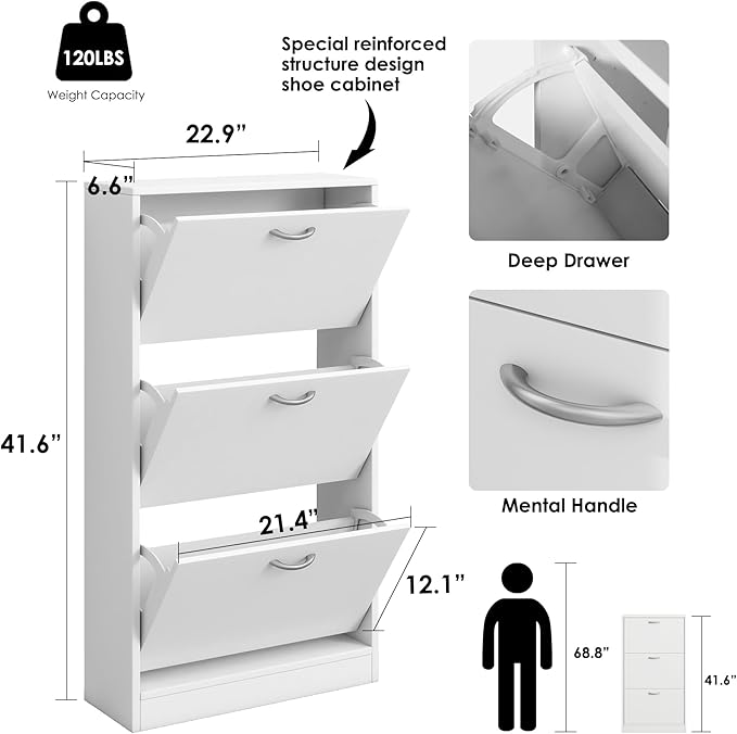 Shoe Storage Cabinet Set of 2 with 3 Flip Drawers, Narrow Shoe Cabinet Freestanding Slim Shoe Storage Organizer for Entryway, Hallway, Entrance, Bedroom, Living Room, White-Ruum Studio Home