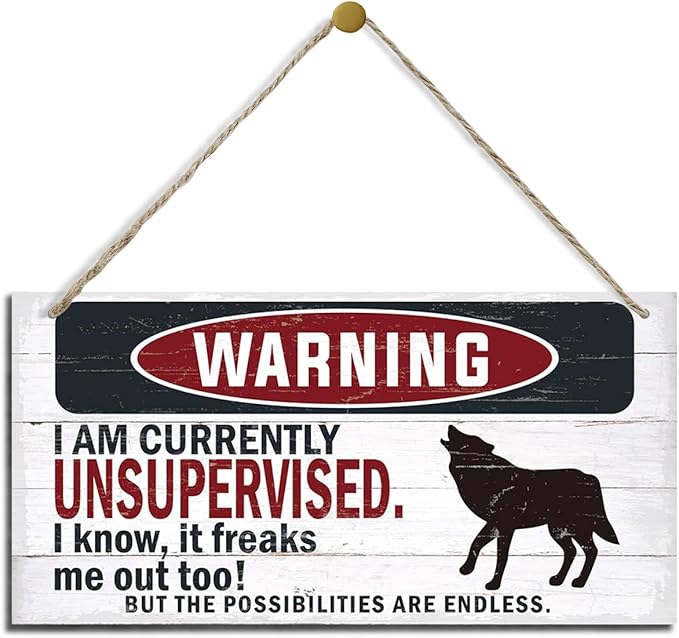 Warning Sign, Unsupervised Warning Wood Plaque Sign, Funny Door Signs, Decorative Wood Hanging Suspension Plaque, Farmhouse Wooden Wall Decor, Outdoor Hanging Wooden Signs-Ruum Studio Home