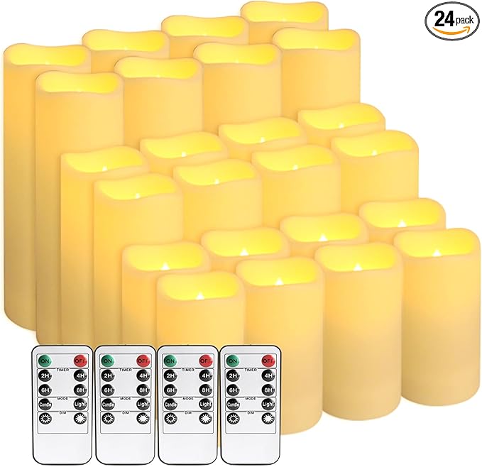 Set of 24 Waterproof Outdoor Flameless Candles,Realistic LED Candles with 4 Remote and Timer,(H 4" 5" 6" x D 2.2"),for Halloween Wedding Festival Decor.-Ruum Studio Home