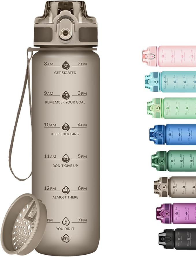 32oz Motivational Water Bottles with Time Marker & Fruit Strainer, Transparent Gradient Color Water Bottle with Times to Drink, Leakproof & BPA Free, Reusable Bottle with Strap (No Straw)-Ruum Studio Home