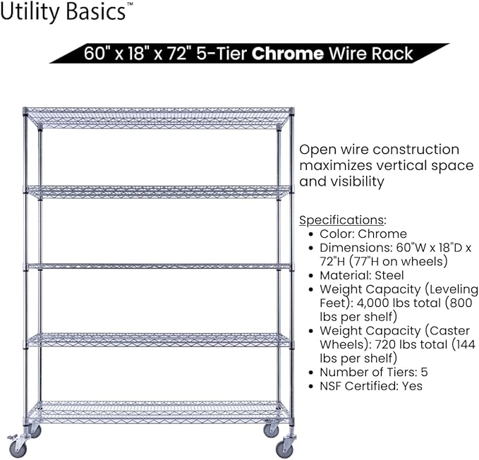 60"x18"x72" Chrome 5-Tier PREMIUM Wire Shelving NSF 4000 LBS MAX CAPACITY Heavy Duty Steel Storage Rack for Warehouses, Garages, Hospitals, Commercial Spaces, & Schools w/PREMIUM WHEELS-Ruum Studio Home