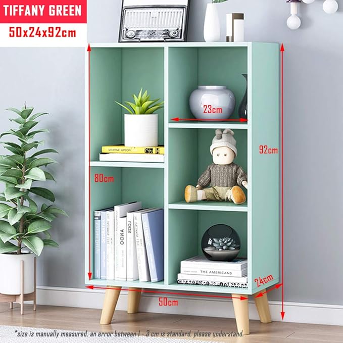 IOTXY Wooden Open Shelf Bookcase - 3-Tier Floorstanding Display Cabinet Rack with Legs, 5 Cubes Free Standing Bookshelf, Tiffany-Green-Ruum Studio Home