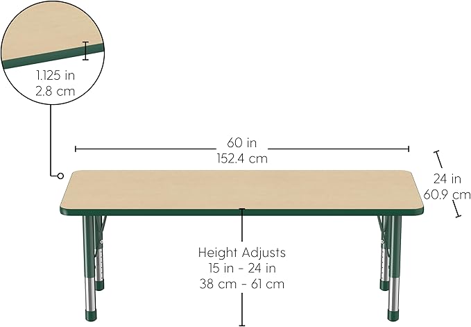 Factory Direct Partners FDP Rectangle Activity School and Classroom Kids Table (24 x 60 inch), Chunky Toddler Legs, Adjustable Height 15-24 inches - Maple Top and Green Edge-Ruum Studio Home