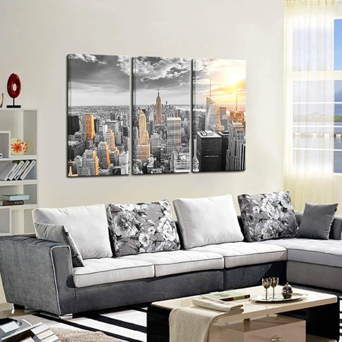 LevvArts Large 3 Piece New York City Canvas Wall Art Modern Black and White NYC at Gold Sunset Picture Prints Cityscape Skyline Poster Framed for Home Office Living Room Decor-Ruum Studio Home