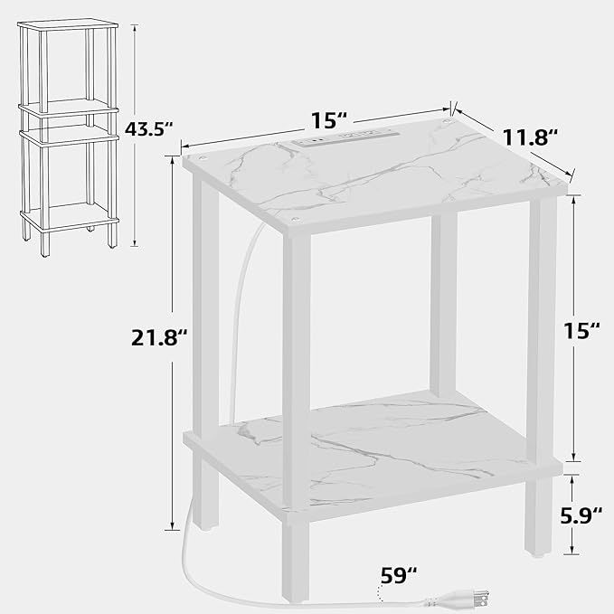TUTOTAK End Table with Charging Station, Small Side Table with Outlets, Nightstand Bedside Table, 2-Tier Storage Shelf for Small Space, Living Room, Bedroom, Marble White TB01BMW040-Ruum Studio Home