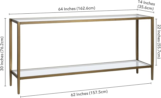 Henn&Hart 64" Wide Rectangular Console Table with Glass Shelf in Brushed Brass, Entryway Table, Accent Table for Living Room, Hallway-Ruum Studio Home