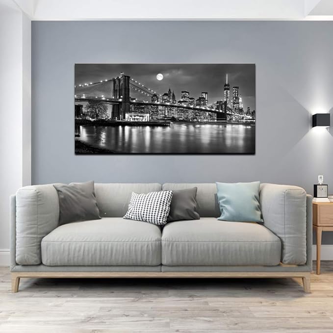 LevvArts - Black and White New York Picture Brooklyn Bridge Canvas Wall Art Full Moon Night Manhattan City Poster Canvas Print Framed Gallery Wrapped Modern Home Office Decoration-Ruum Studio Home