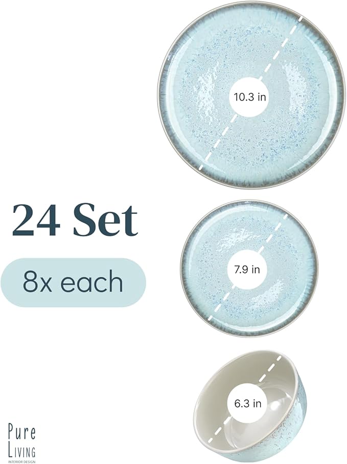24 Piece Dinnerware Sets for 8 - Modern Style Stoneware Dinnerware Set - Microwave Safe Dinner Plates and Bowls Sets for 8, Ceramic Dish Set, Bowl and Plate Sets for 8, Beige Light Blue Set for 8…-Ruum Studio Home