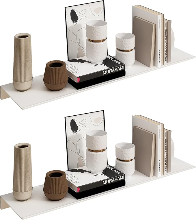 JOOM White Floating Shelves for Wall Storage, Metal Wall Shelves for Living Room, Bathroom, Kitchen, 20” Long Display Shelves for Collectibles(2 PCS)-Ruum Studio Home