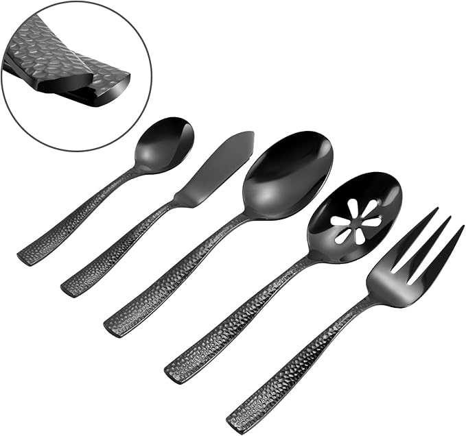 Silverware 65-Piece Black Hammered Flatware Set with Serving Utensils Stainless Steel Thick Handle Mirror Polished Cutlery Set for Wedding Hotel Restaurant, Service for 12-Ruum Studio Home