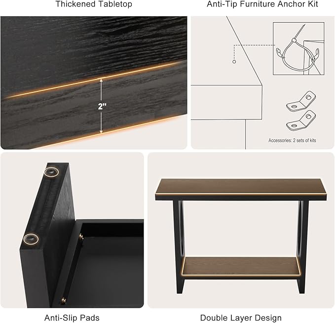 BECHAEO 47-Inch Modern Narrow Console Tables with Solid Wood Veneer - 2’’ Thickened Tabletop, 2-Tier Slim Sofa Table Behind Couch, Rectangle Entryway Table for Hallway Living Room, Black Oak-Ruum Studio Home