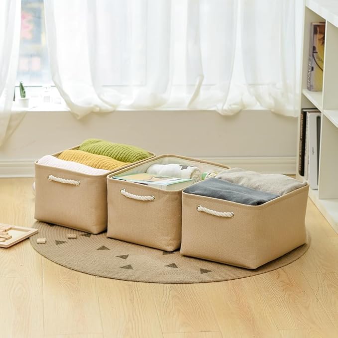 TheWarmHome Organization and Storage Bin for Shelves - Large 3 Pack 16x12x8 inch Storage Basket for Organizing, Canves Storage Cubes for Organizer Toy Closet Cloth Gift (Beige)-Ruum Studio Home