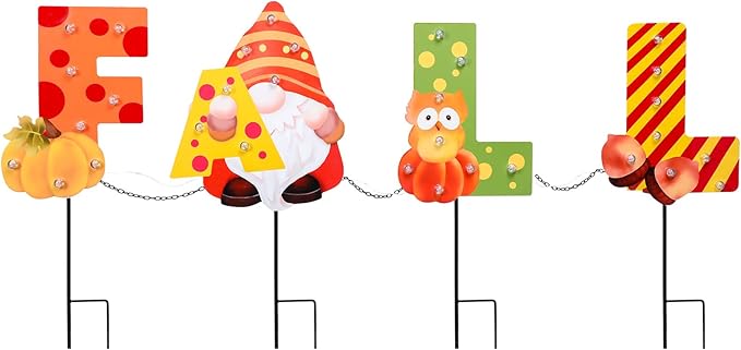 WONDER GARDEN Fall Yard Stakes Yard Signs, 4 Pack Metal Thanksgiving Lighted Garden Stakes, Gnome Sign with LED Lights for Harvest,Outdoor, Lawn,Farmhouse Decorations-Ruum Studio Home