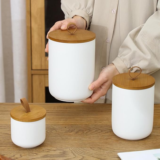 Ceramic Storage Jars, Modern Elegant Highly Polished Airtight Gorgeous Storage Canisters with Wooden Lid Small Food Stroage Jar for Kitchen Spice Tea Vanilla Sugar Coffee Beans (White tuba)-Ruum Studio Home