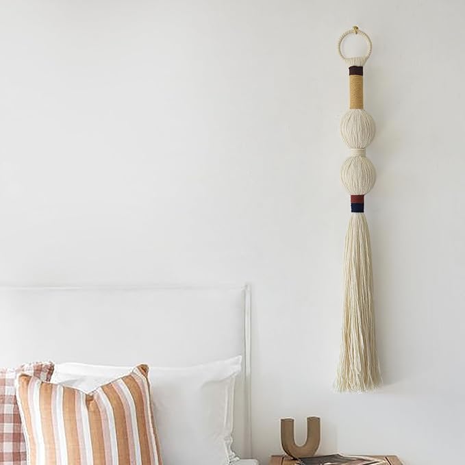 Macrame Wall Hanging Boho Decor Yarn Wall Art Small Sphericity Cotton Textile Tassel Hanging Fiber Art for Living Room Bedroom 27'' L x 2.3'' W-Ruum Studio Home