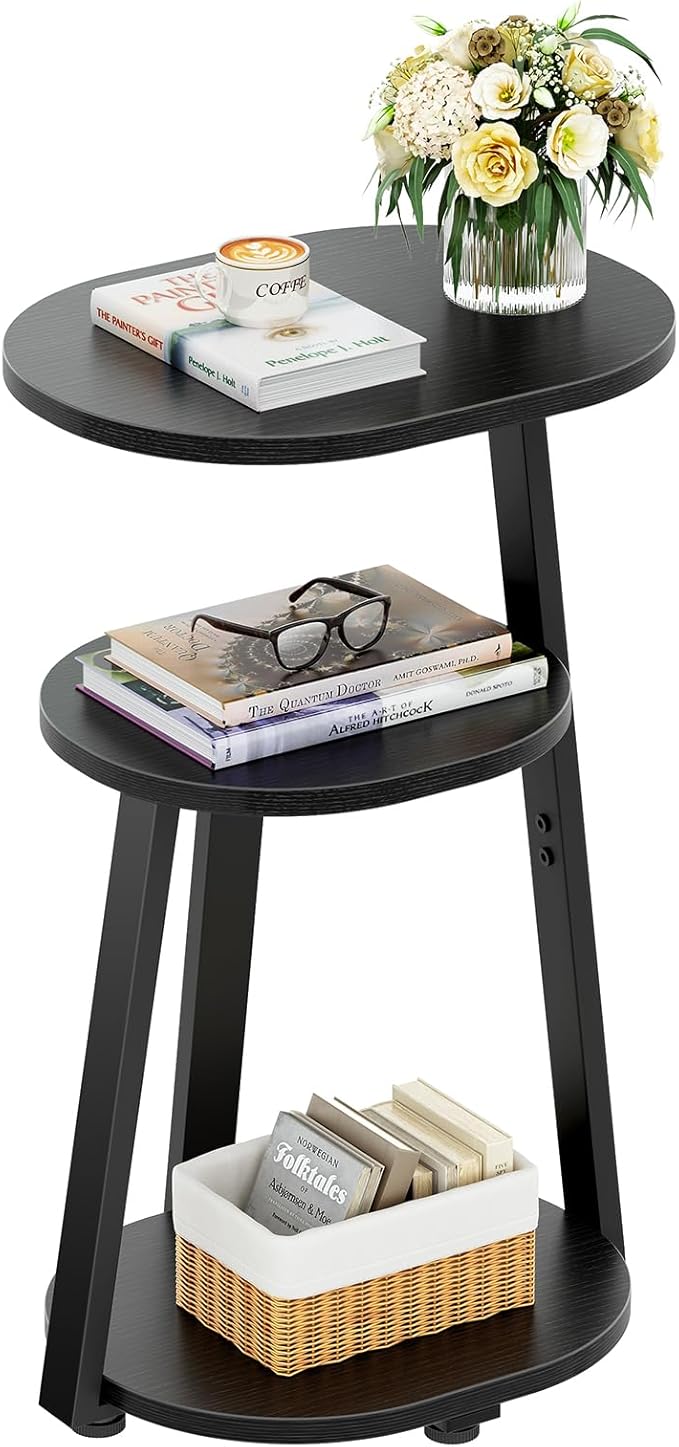 Side Table, Small End Table with Metal Frame, 3-Tier Bedside Tables, Round Side Tables for Living Room Bedroom Couch Bathroom, Oval, Pure Black-Ruum Studio Home