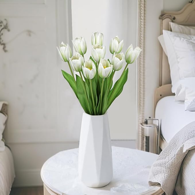 Artificial Tulips Flowers – 20" Long Stem Faux Tulips, 10PCS Real Touch Fake White Tulip for Vase, Farmhouse, Kitchen, Spring & Wedding Home Decor-Ruum Studio Home