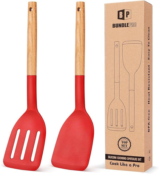 Pack of 2 Silicone Cooking Spatula, Heat Resistant Solid Turner, Non Stick Slotted Spatulas with Wooden Handle,Ideal Wood Kitchen Utensils Set for Frying, Baking, Flipping, Turning (RED)-Ruum Studio Home