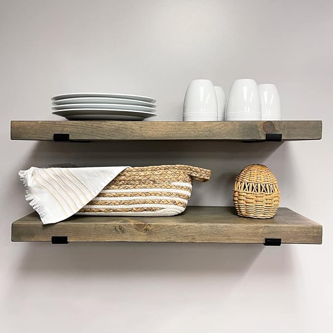 Rustic Shelves with J-Brackets Set of 2, Industrial Shelf, Kitchen Shelves, Solid Wood, Decorative Wall Storage, Heavy Duty, URBANDI (Grey, 24Wx10D)-Ruum Studio Home