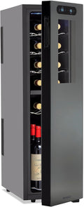 Wine Enthusiast 18-Bottle Slimline Dual Zone Wine Cooler - Energy Efficient Freestanding Wine Refrigerator - Upright Bottle Storage, Adjustable Thermostat, Digital Touchscreen (20.5” x 10.7" x 36.8”)-Ruum Studio Home