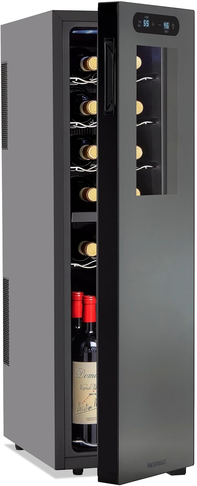 Wine Enthusiast 18-Bottle Slimline Dual Zone Wine Cooler - Energy Efficient Freestanding Wine Refrigerator - Upright Bottle Storage, Adjustable Thermostat, Digital Touchscreen (20.5” x 10.7" x 36.8”)-Ruum Studio Home