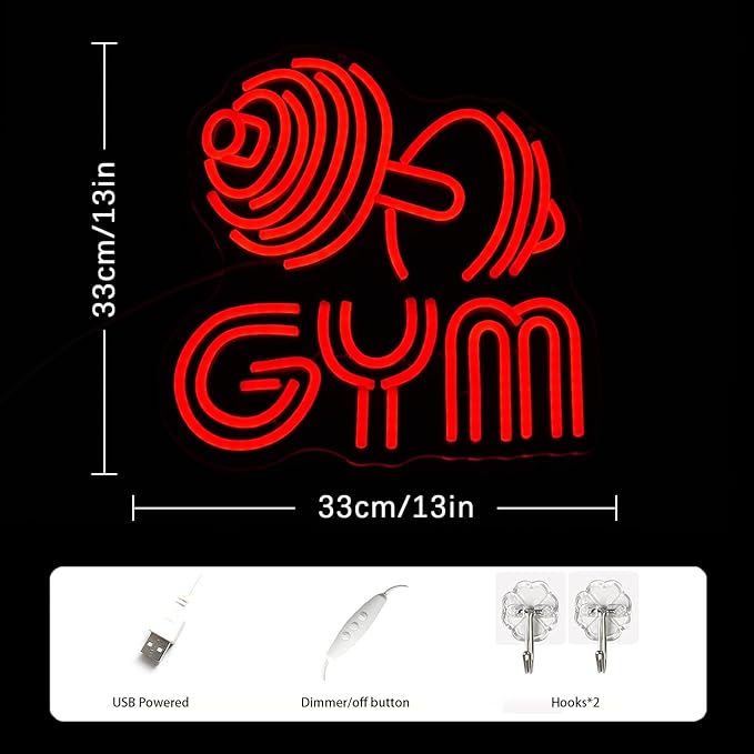 Dumbbell Neon Sign Barbell Gym Neon Signs Gym Letter Neon Light Gym Red Barbell Neon Light Sign for Sports Room, Decor Club,Party Bar,Fitness Club Decoration(Red)-Ruum Studio Home