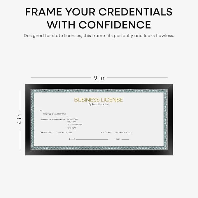 Homeforia 4x9 Business License Frame Black, High End Metal 4 x 9 Certificate Frames with Real Glass, 9x4 Document Frames for Wall or Tabletop, 4 by 9 Picture Frames, Tempered Glass, Wall Kit, Set of 1-Ruum Studio Home