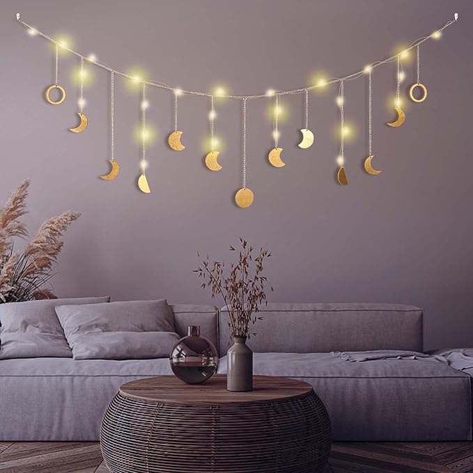 Moon Phase Wall Decor with LED String Light, 13 Gold Wood Boho Wall Hanging Decor Mood Garland 56'' - Celestial Phases Moon Decor in Bohemian Style for Bedroom Home Living Room-Ruum Studio Home