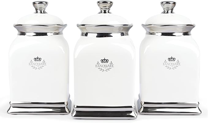 fanquare 30 OZ Cookie Jar, White Kitchen Canisters Set of 3, Farmhouse Porcelain Decorative Jars for Countertop, Ceramic Storage Jar for Coffee, Sugar, Tea Bag-Ruum Studio Home