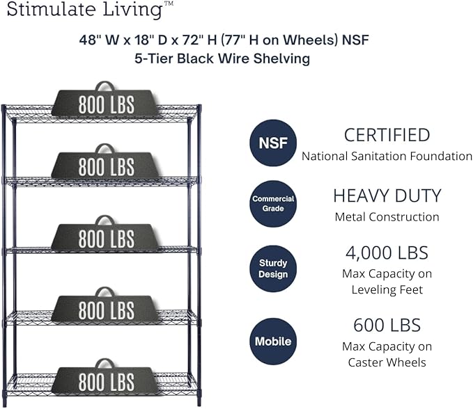 48"x18"x72" PRIME HEAVY DUTY Black 5-Tier Wire Shelving NSF 4000 LBS MAX Capacity Storage Rack for Commercial, School, Home, Garage, Warehouse, Industrial, and Hospital Uses (with Wheels)-Ruum Studio Home