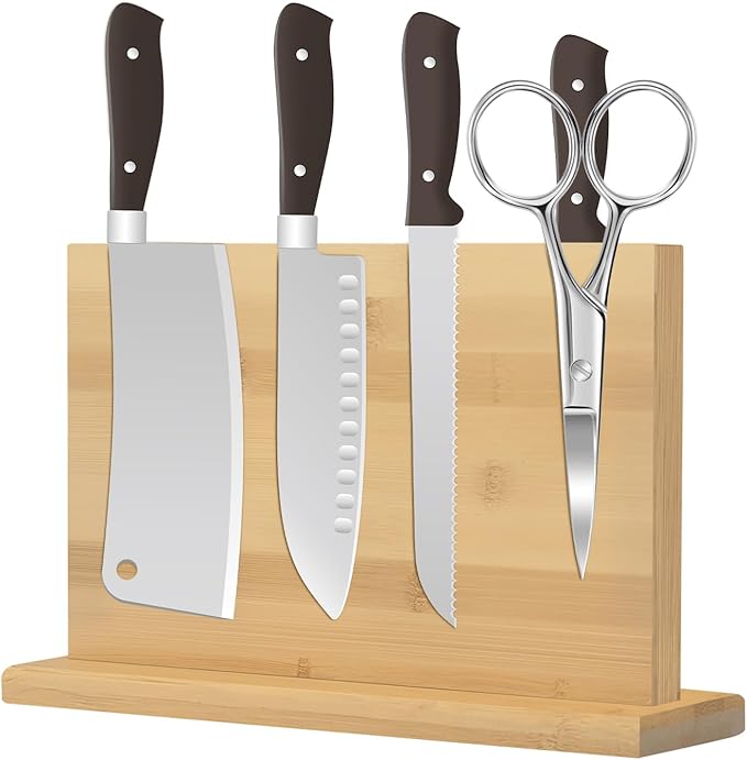Magnetic Knife Block 28 x 19 Inches, Double Sided Magnetic Knife Holder Rack for Kitchen Counter, Acacia Wood Magnetic Knife Storage Stand with Knife Sharpener-Ruum Studio Home