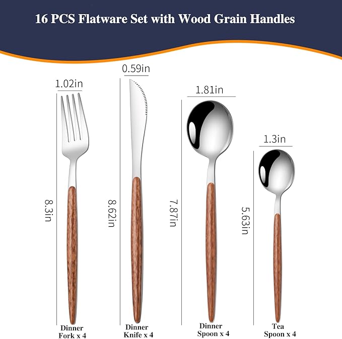 16 PCS Silverware Set for 4,Stainless Steel Flatware Cutlery Eating Utensils Set with Wood Grain Handle,Steak Knives Forks and Spoons for Home,Party,Mirror Polished and Dishwasher Safe-Ruum Studio Home
