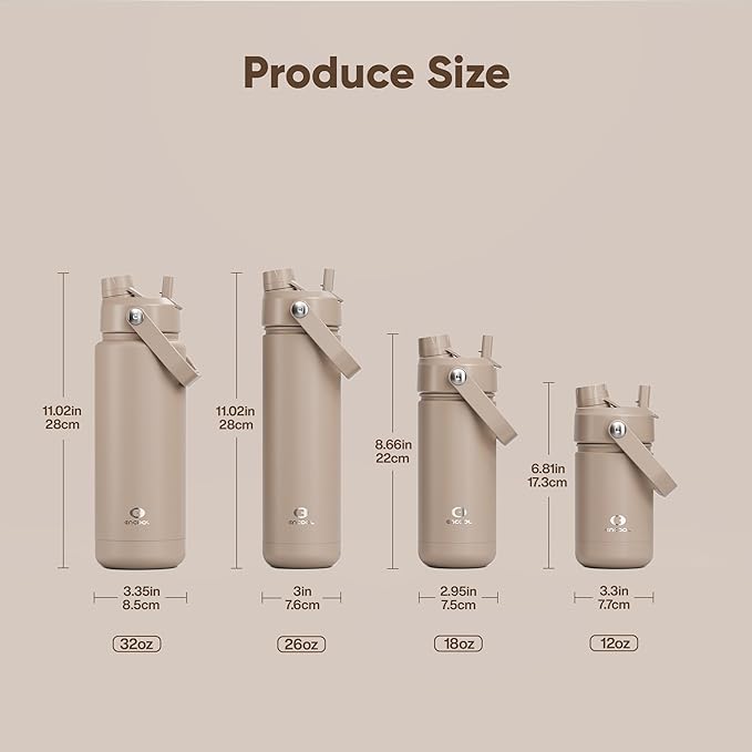 Insulated Water Bottle with Straw - Encool Stainless Steel Water Bottle, Leak-Proof, BPA-Free, Double Wall Vacuum Keeps Cold for 24 Hours for Sports, Travel, School (26 oz, Raw Umber)-Ruum Studio Home