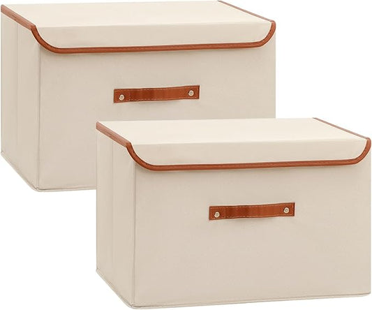 Tuza 2 Pack Large Fabric Storage Bins with Lids, Foldable Storage Boxes with Lids for Organizing, Decorative Storage Boxes with Handles for Home, Bedroom, Closet, Office(Khaki, Extra Large)-Ruum Studio Home