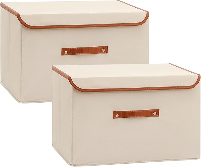Tuza 2-Pack Large Fabric Storage Bins with Lids, Foldable Storage Boxes with Lids for Organizing, Decorative Storage Boxes with Handles for Home, Bedroom, Closet, Office(Khaki, Large)-Ruum Studio Home
