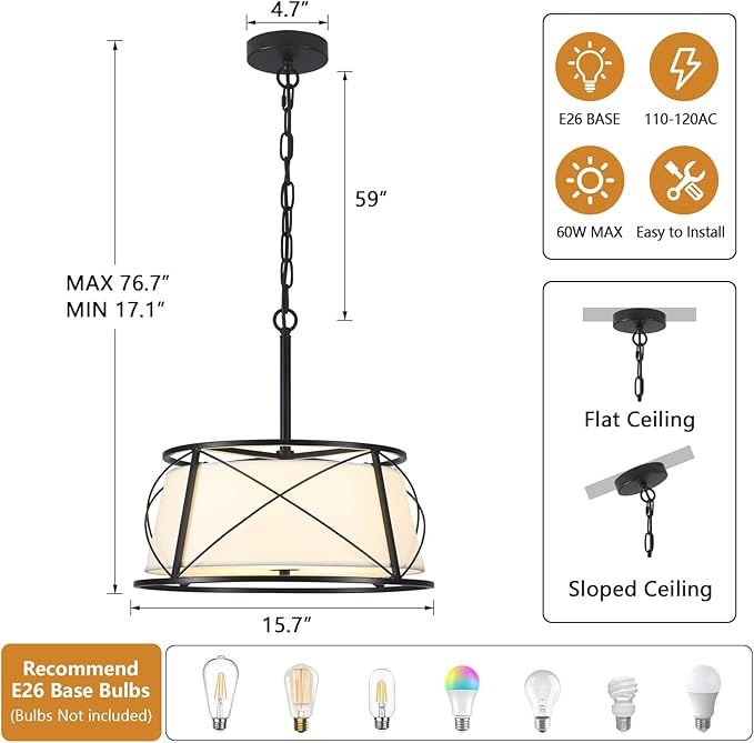 15.7" Black Drum Chandelier,3-Light Modern Farmhouse Chandelier,White Fabric Drum Shade Pendant Light Fixture for Dining Room Kitchen Island Bedroom Entryway-Ruum Studio Home