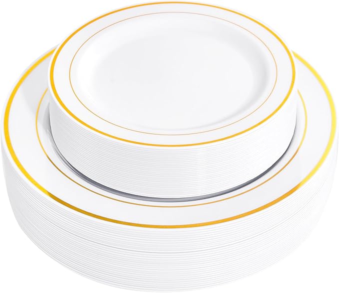 FLOWERCAT 60PCS Gold Plastic Plates - Heavy Duty White and Gold Plastic Plates Disposable for New Year/Thanksgiving Party/Wedding - Include 30PCS 10.25" Dinner Plates and 30PCS 7.5" Dessert Plates-Ruum Studio Home