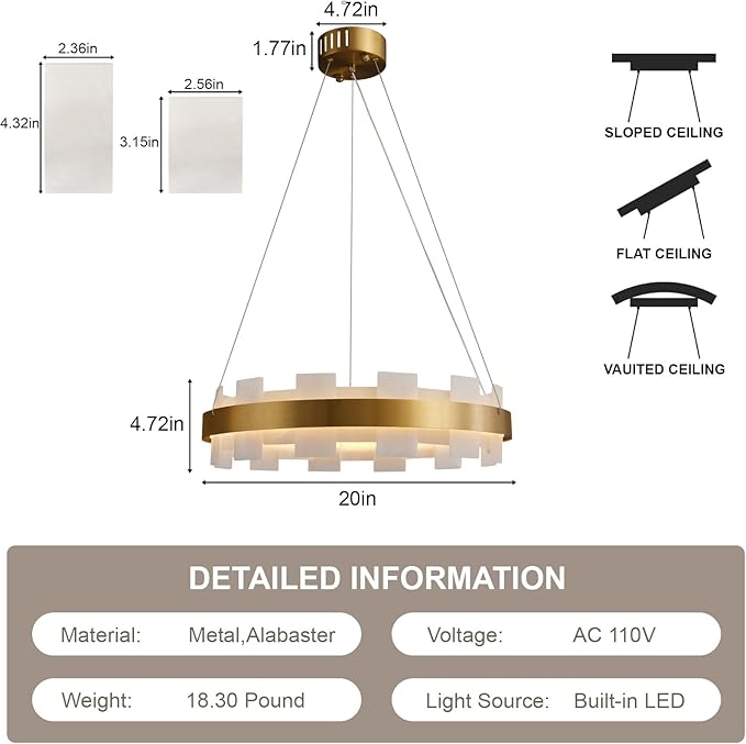 20" Natural Spanish Alabaster Round Chandelier, Adjustable Large Chandeliers for Living Room Over Table, Modern Luxury Alabaster Stone Chandelier for Drawing Room, Bedroom, Hallway, Foyer-Ruum Studio Home