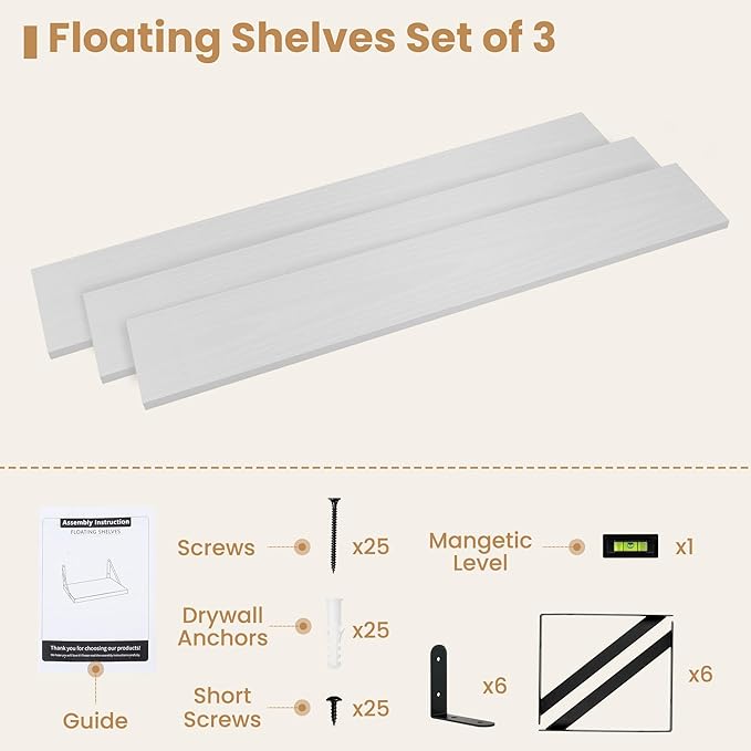 Heimlove 48 Inch Large Floating Bookshelves Set of 3,White Wall Mounted Bookshelves,Heavy Duty Wooden Shelves for Living Room,Bedroom,Kitchen,Laundry Room Storage & Decor-Ruum Studio Home