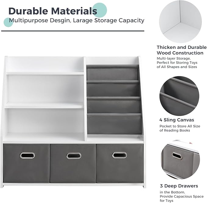 Kids Bookshelf, Kids Toy Storage Organizer with Storage Bins, Wooden Bookshelf and Book Display Shelf for Bedroom, Playroom, Nursery, Classroom, White-Ruum Studio Home