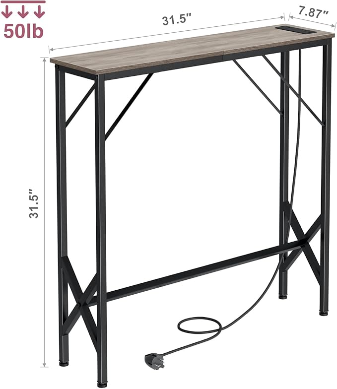 31.5‘’ Console Table, Skinny Entryway Table with Fast-Charging Station, Narrow Long Sofa Table, Behind Slim Couch Table for Entrance, Hallway, Living Room Decor ST-GY80-1-Ruum Studio Home