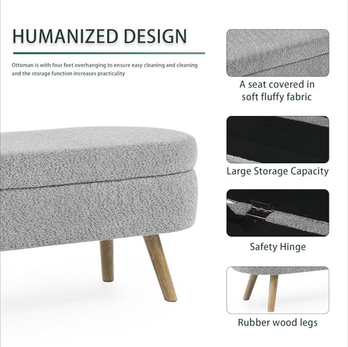 Oval Storage Bench 43.5" Linen Fabric Upholstered Entryway Bench with Solid Wood Legs Ottoman Bench Indoor Bench for Living Room/Bedroom/End of Bed/Entryway (New Grey)-Ruum Studio Home