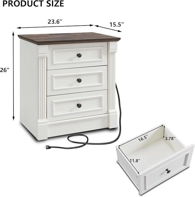 26" Tall Farmhouse Nightstand, 3 Drawers End Table w/Charging Station, 23.6" Wide Large Side Table w/Roman Column, Wood Rustic Sofa Table for Bedroom, White-Ruum Studio Home